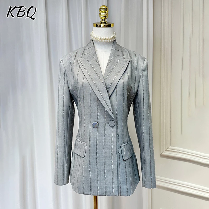 KBQ Élégant Rayé Chic Blazer Pour Femmes Col Entaillé À Manches Longues Spliced Bouton Tempérament Blazers Femme Mode Style Nouveau