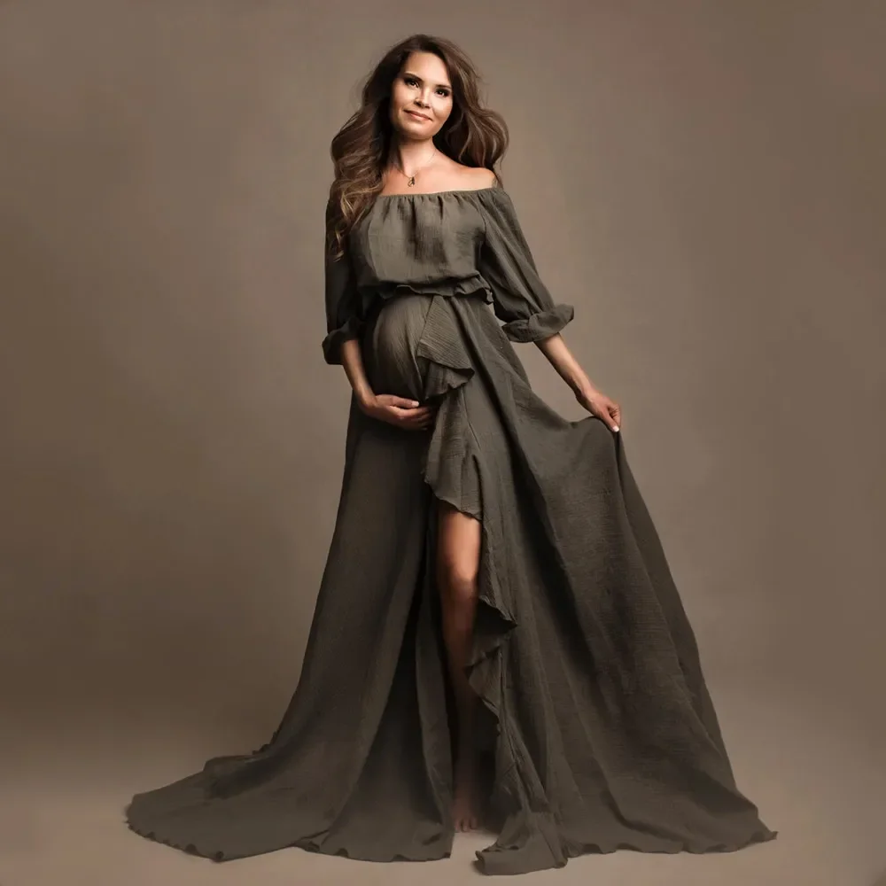 Boho Rust Cotton Maternity Photoshoot Long Dress Bohemian Cotton 2 in 1 Pregnancy Photography Dress