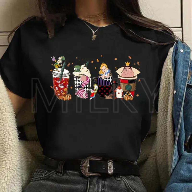 Summer Villains Coffee Princess Print Women 90s Tshirt Harajuku Black Ladies T-Shirts Female Y2k Oversize O-Neck Tops Drop,ship