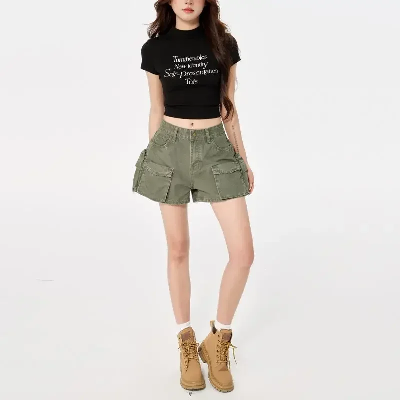 

Pop Retro American Style Women's Workwear Shorts Summer 2025 New Arrival Multiple Pockets Cotton Low Waist Shorts