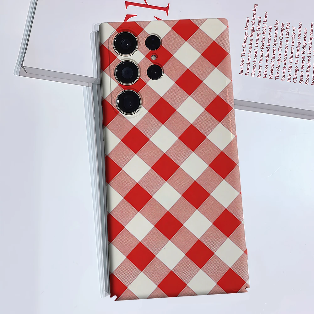 Red White Checker Phone Case for Samsung Galaxy S26 S25 Ultra S24 S23 Ultra Plus Glossy Double-layer Back Cover