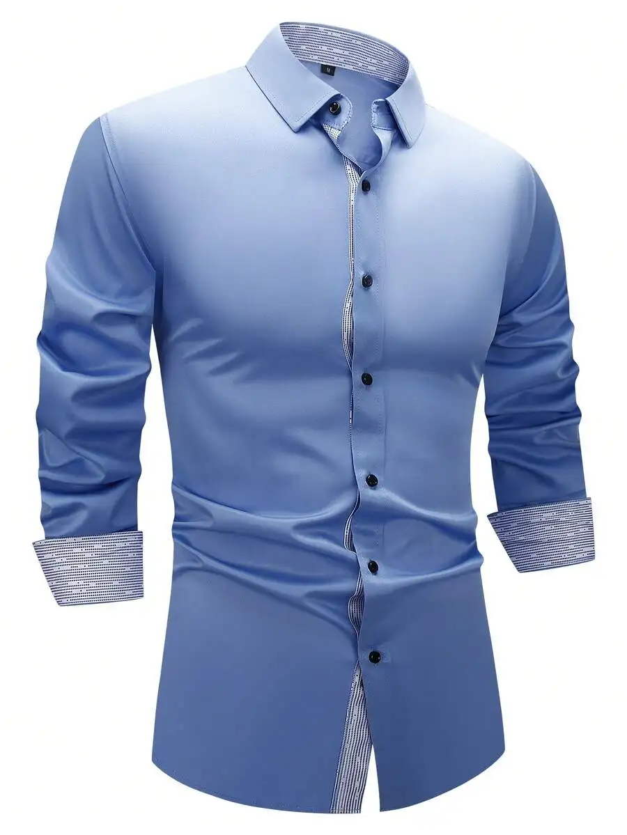 

Men's Light Blue Wrinkle-Free Two-Tone Button-Up Shirt for Office & Casual Wear