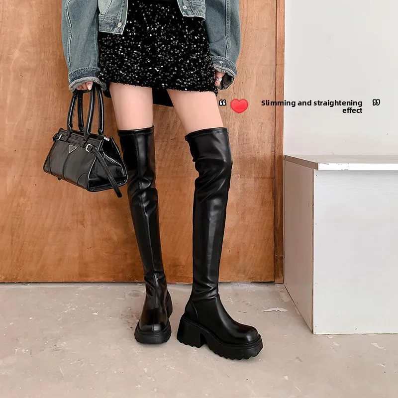 

2025 New Women's Over-Knee High-Top Knight Boots Real Leather Thi Heel Slimming Leg-a Long Boots Korean Sle round Toe