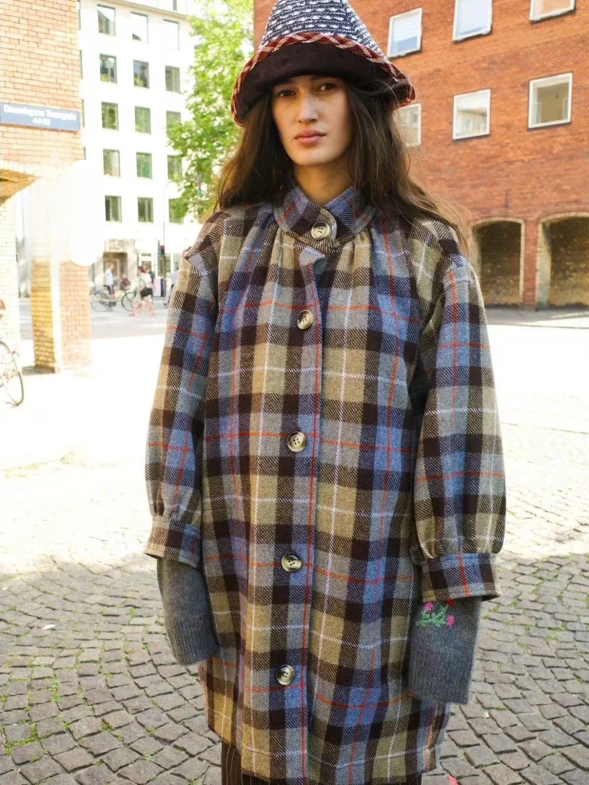 

Ретро-пальто в стиле колор-блок с клетчатым узором, свободного кроя, средней длины, из шерстяной смеси, повседневное, осенне-зимнее, женская верхняя одежда из полиэстера и шерсти