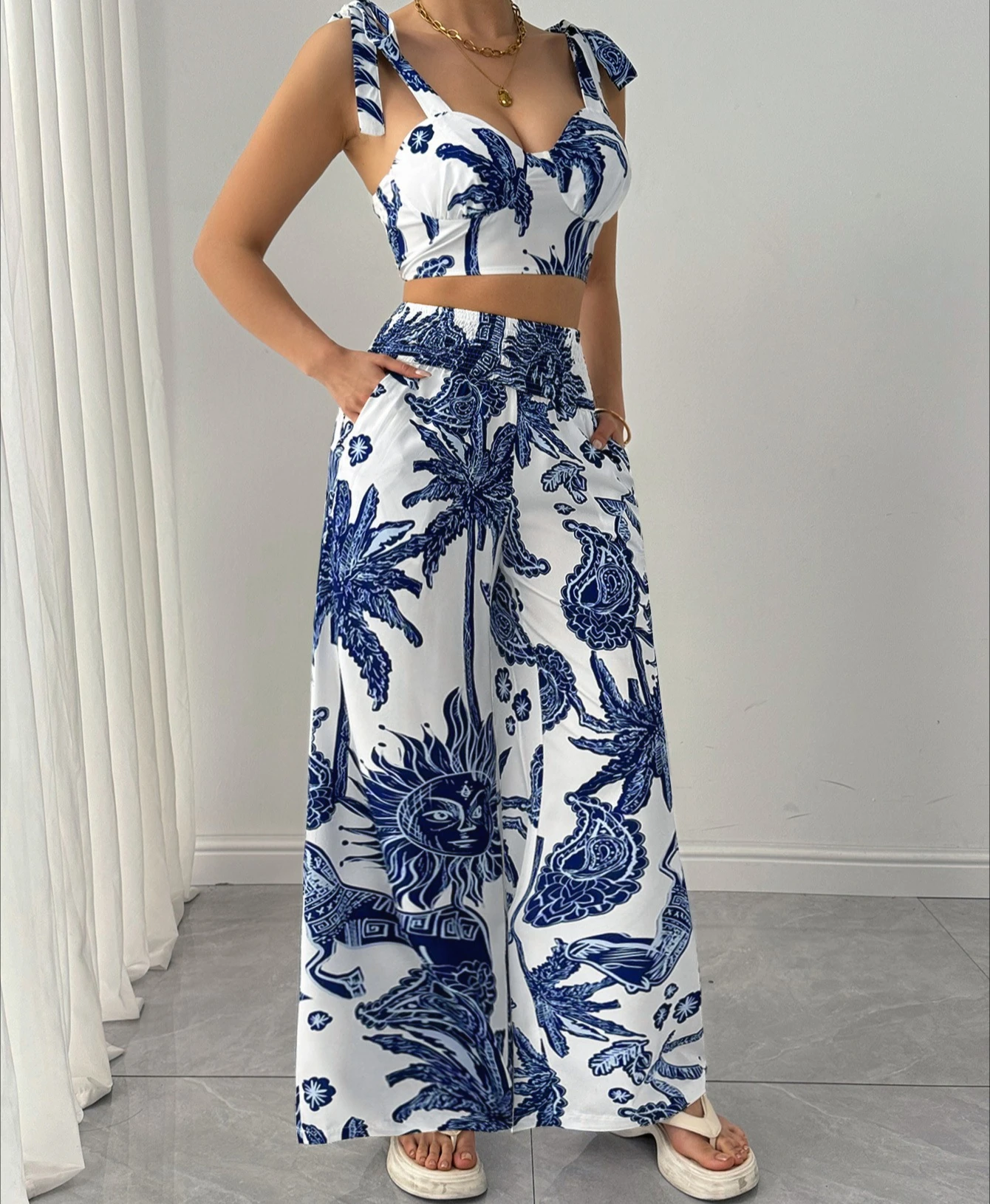 

Two Piece Sets Women Pant Print Sling Tops High Waist Wide Leg Pants Drawstring Matching Sets Casual Backless Tops Summer 2025