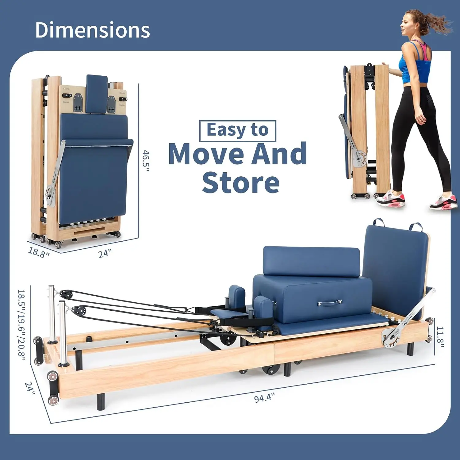 Foldable Oak Wood Pilates Reformer Machine for Home and Studio Training | 500 lb capacity with box, jump board and foot board fo