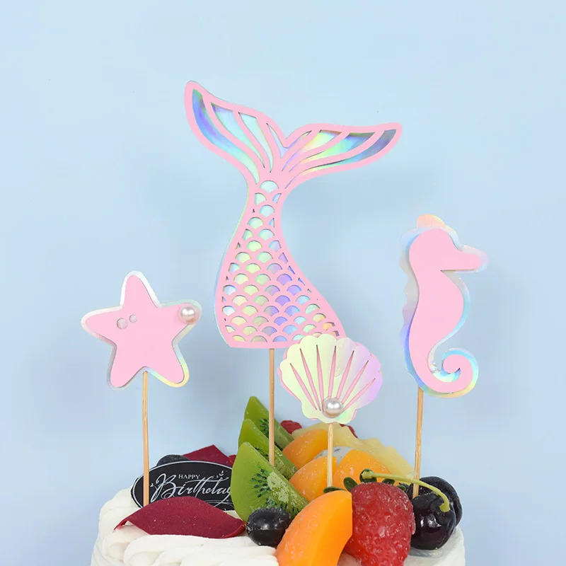 

4Pcs/Set Under The Sea Little Mermaid Party Cake Decoration Mermaid Tail Starfish Shell Cake Flags Cupcake Toppers Girl Birthday