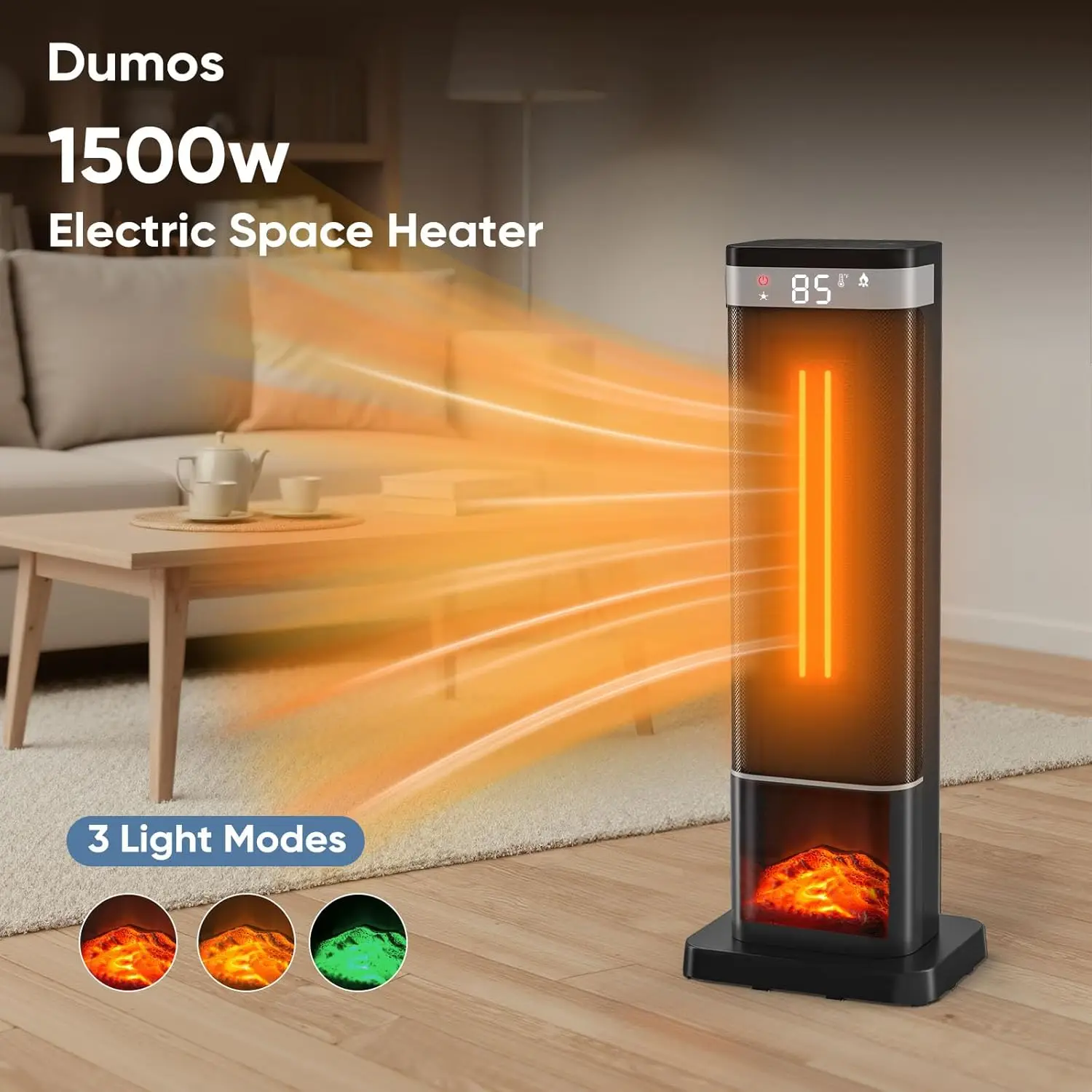 24in Portable Space Heater, 3 Light Colors, Remote Control, Adjustable Thermostat, Tip-over Protection, 60° Oscillation