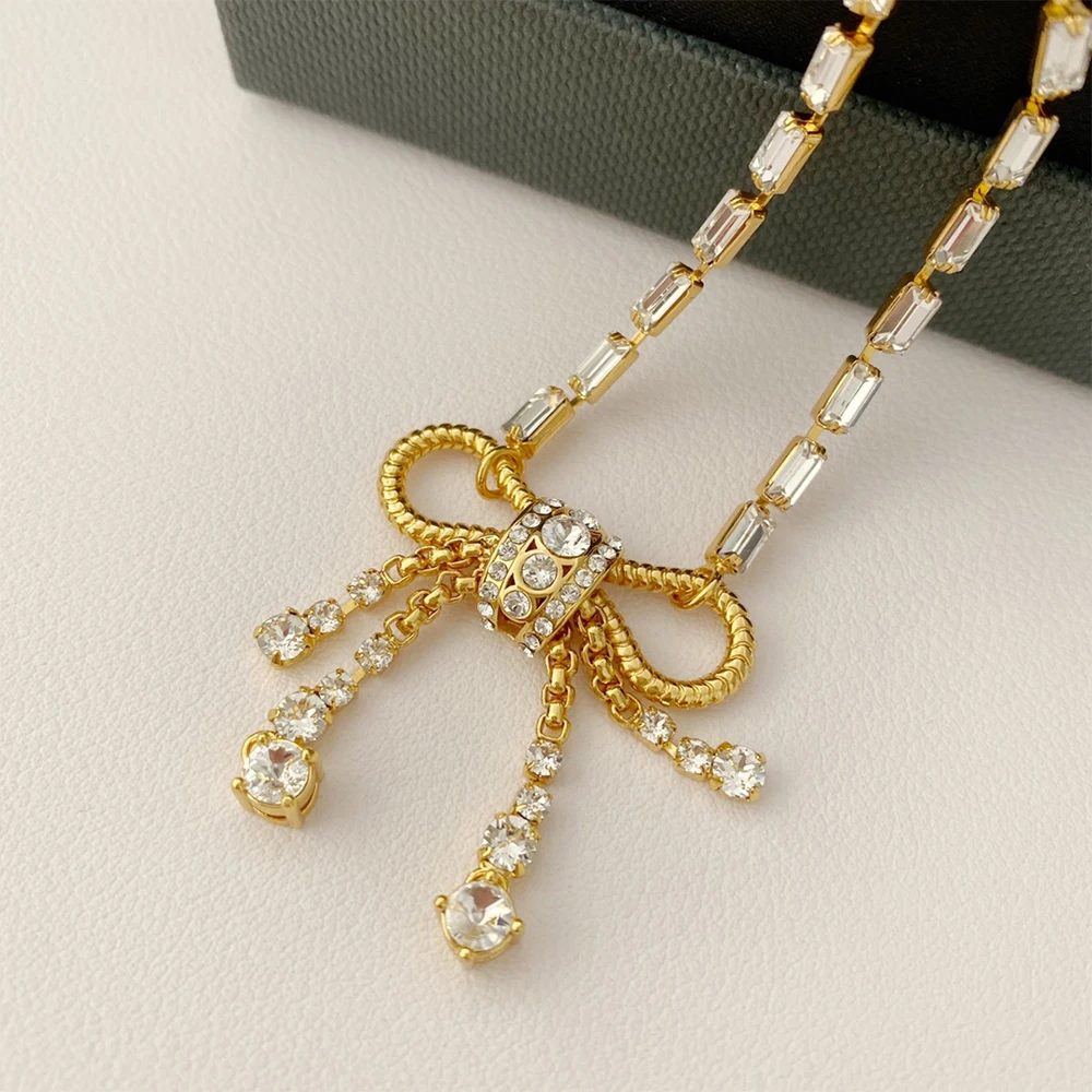 

To Reine High Quality Fashion Gold bow Crystal Pendant Necklace For Women Vintage Punk Roll Chain Collares Para Mujer