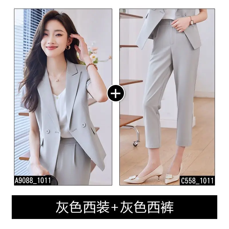 Women's Summer New Fashion Short-sleeved Suit Jacket Pants Matching Set Korean Elegant Thin Casual Blzers+Trousers Two-piece