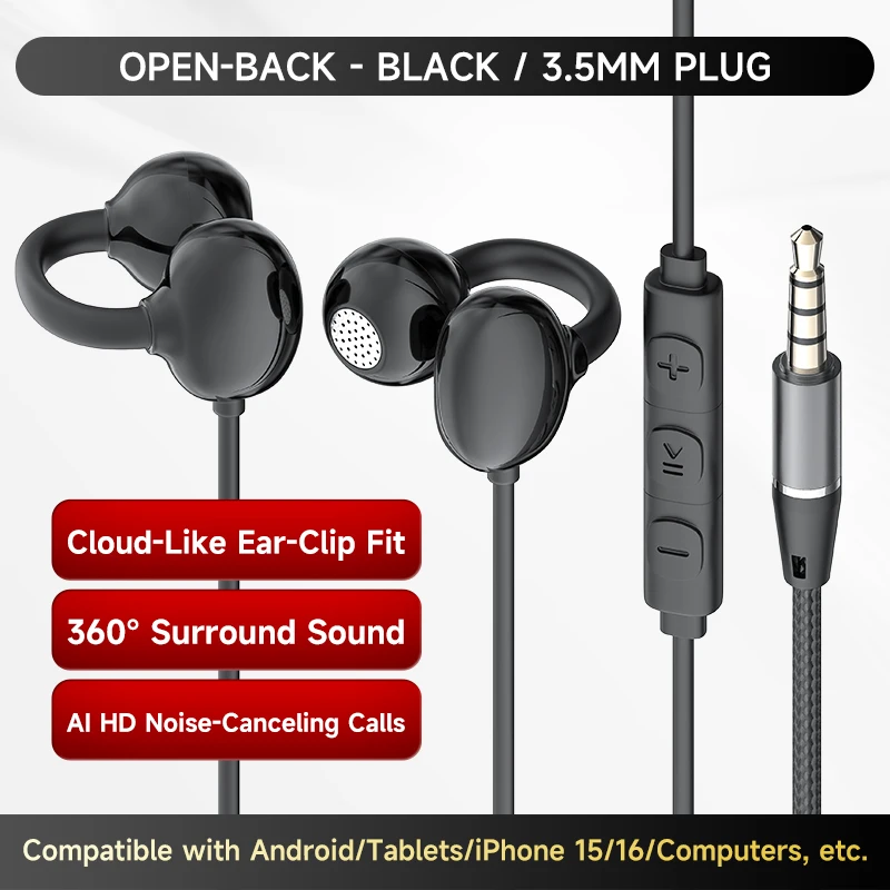 Hellodigi Wired Earphones With Microphone Ear Clip Wired Earbuds 3.5mm/Type-C Plug for PC Laptop iPhone 15 Samsung HIFI Earsets — product photo 1 of 1