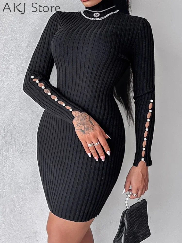 Robe moulante en tricot perlé pour femme, col montant, haute élasticité, automne et hiver