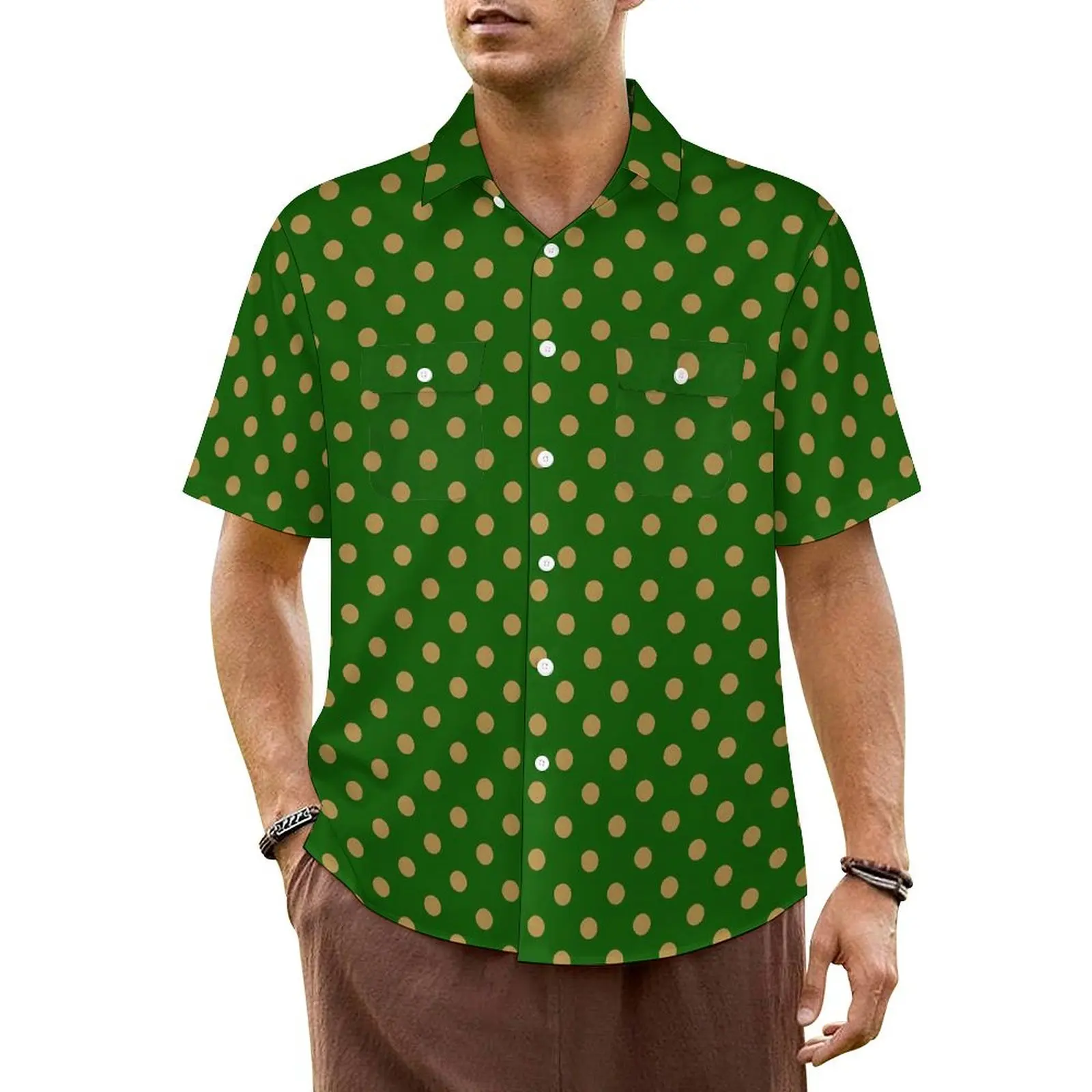 

Gold Dot Beach Shirt Festive Polka Dots Hawaiian Casual Shirts Men Elegant Blouses Short-Sleeve Comfortable Design Clothing