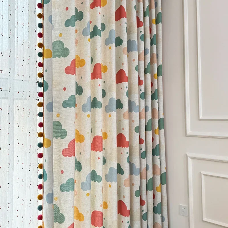 Children's Room Curtains for Living Dining Room Bedroom Linen Printed Semi-Blackout Female Heart Dopamine Cream Style Window