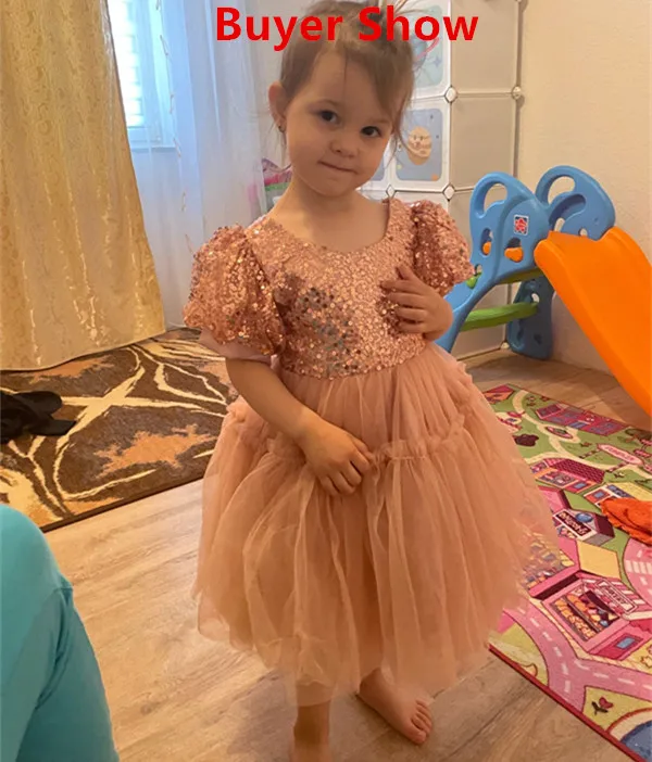 Cute Girl Pink Fluffy Princess Dress Flower Girls Sequined Dresses For Wedding 1-5T Kids Birthday Party Puff Sleeve Tulle Gown