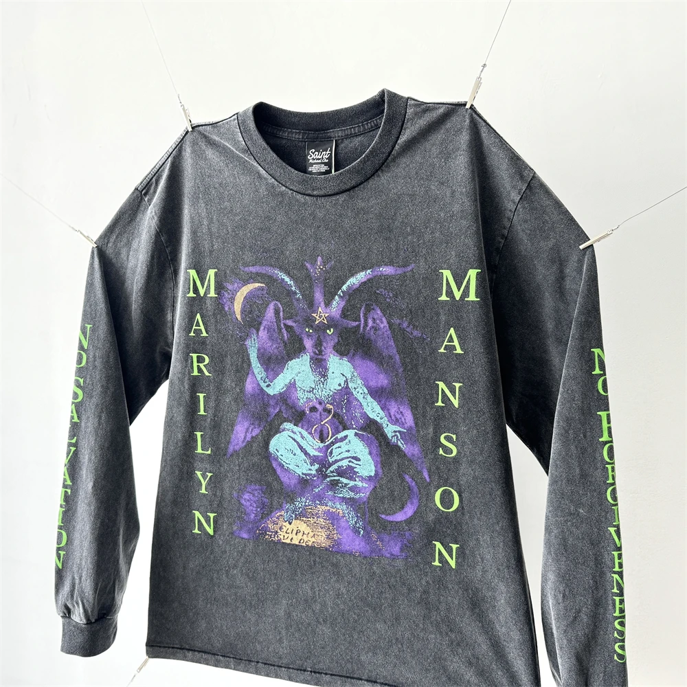 

Постиранная футболка с длинными рукавами в стиле рок-группы Мэрилин Мэнсона 1:1, винтажная футболка большого размера лучшего качества, футболки