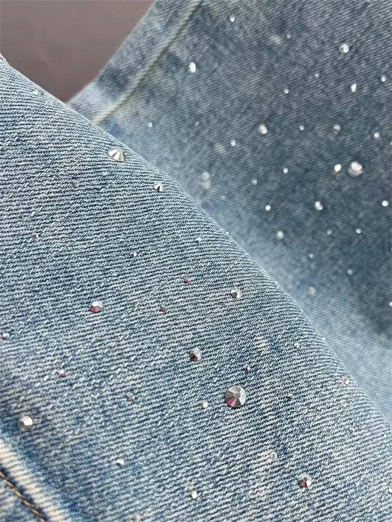Fashion Rhinestone Pendant Design High Waist Wash Jeans Women's Spring Loose All-Match Straight-Leg Pants Female
