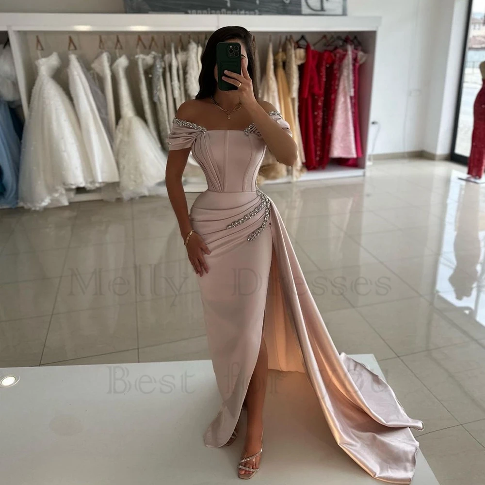 

Modern Off Shoulder Evening Dresses for Women Side Slit Court Train Prom Gowns with Beading 2024 Summer New Robe De Soirée