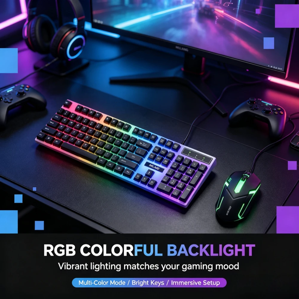 RGB Backlit Keyboard & Mouse Combo – Floating Keys Easy to Clean Grease, Kitchen Island Recipe Browsing/Gaming Dual Use, Splash-Proof Wired Set for Smart Cooking Setup, Work & Play Switch