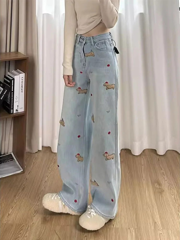 

Прямые джинсы с высокой талией и рисунком собаки, на подкладке, большие размеры, утягивающие брюки, широкие брюки, повседневные брюки