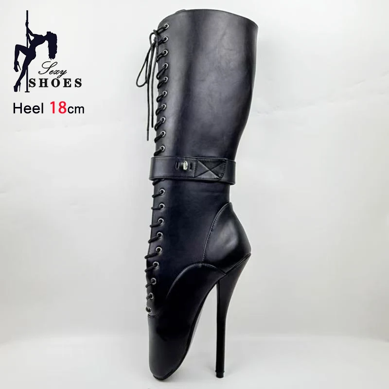 

Сексуальные женские балетки с замками и ключами на шнуровке спереди, матовые черные фетиш-обувь, запираемые навесные замки, сапоги до колена на шпильке 18 см