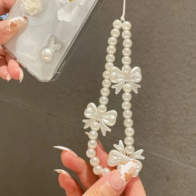 1szt Akrylowy łańcuszek do telefonu komórkowego DIY Ręcznie robione perłowe serce Bowknot Bear Beads dla kobiet Dziewczyny Urok Telefon Smycz Wisząca Lina