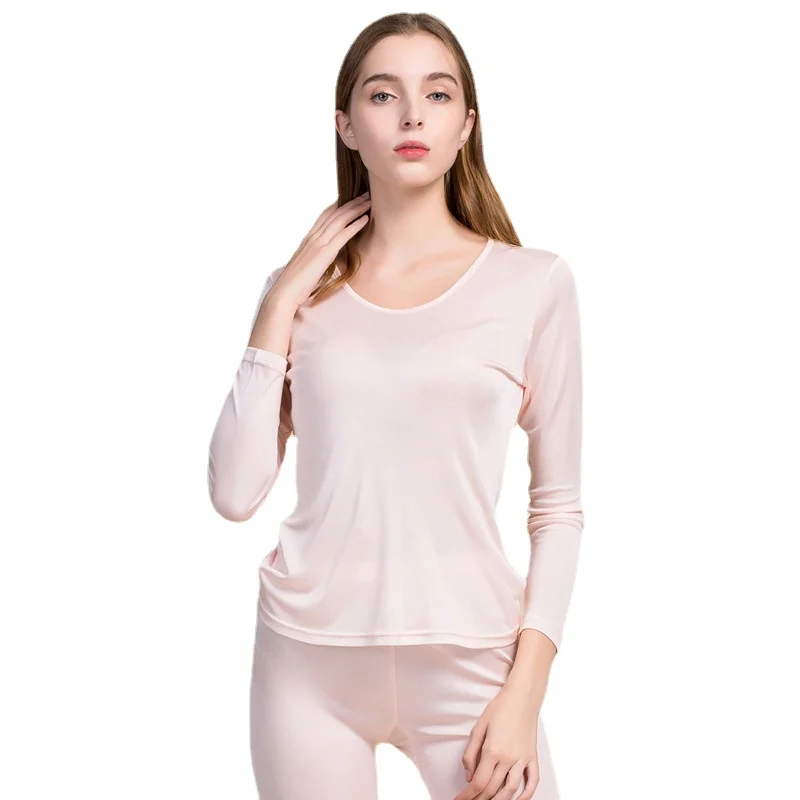 Fashionable Wholesale Autumn Silk Thermal Underwear Set for Women O-neck Double-sided Knitted Tops Pants Sets