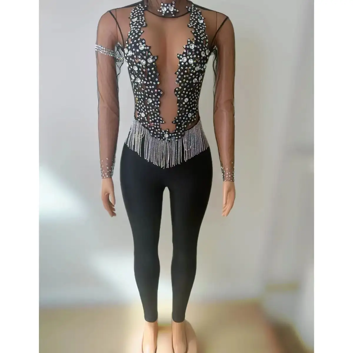 Diamond Studded Transparent Mesh Sexy Jumpsuit Nightclub DJ Bar Female Singer Dance Team Stage Costume Party Theme Show Clothing