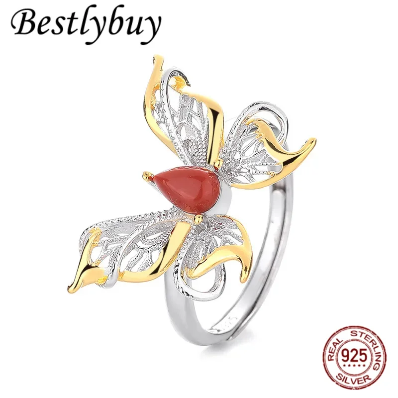 

new S925 Silver Fashion Simple Inlaid Southern Red Hollow Butterfly Open Ring New Gift for Women
