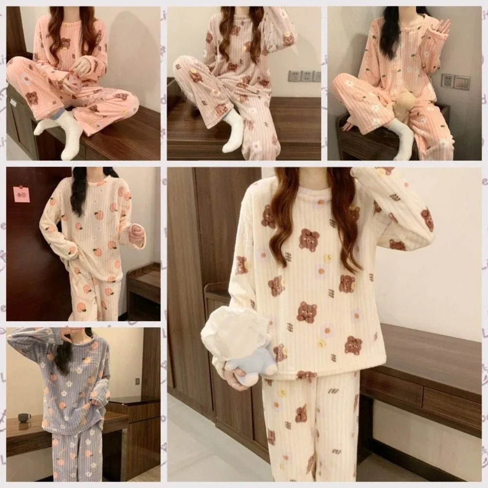 Mode mignon ours velours ensemble de vêtements de nuit fleur à manches longues pyjama costume vêtements de nuit pêche hiver épais chaud pyjamas automne hiver
