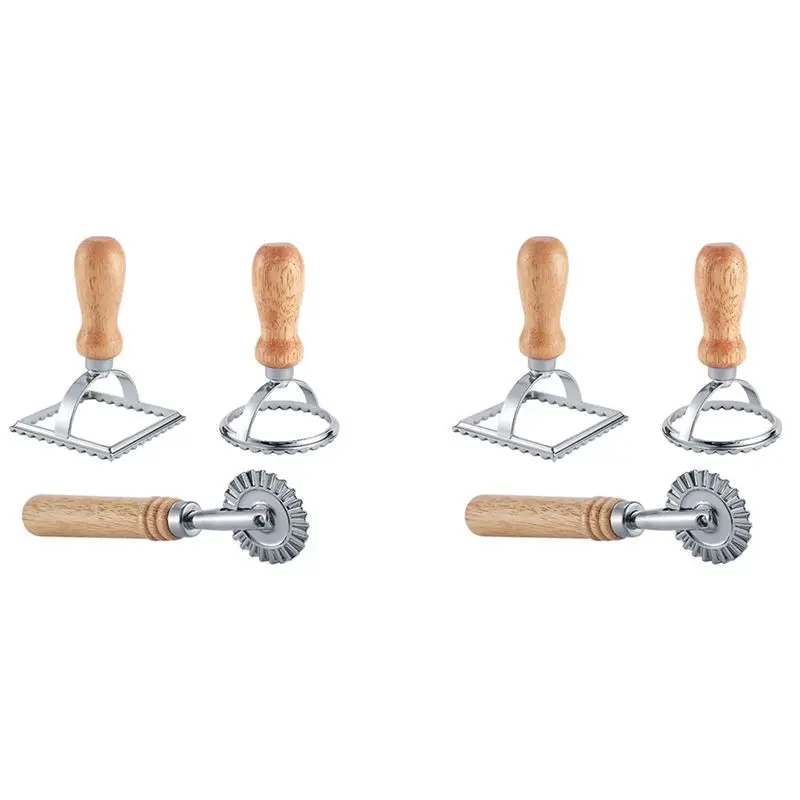 B62B-6Pcs Ravioli Stamp Maker Cutter With Roller Wheel Set,Mold With Wooden Handle For Pasta,Dumplings Lasagna,Pies