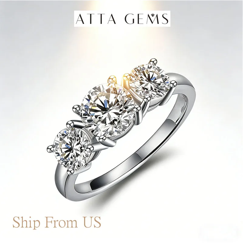 

ATTAGEMS 2.0ct D VVS Moissanite Engagement Ring for Women 925 Silver Filled Three Stone Wedding Ring Sparkling Jewelry Gift