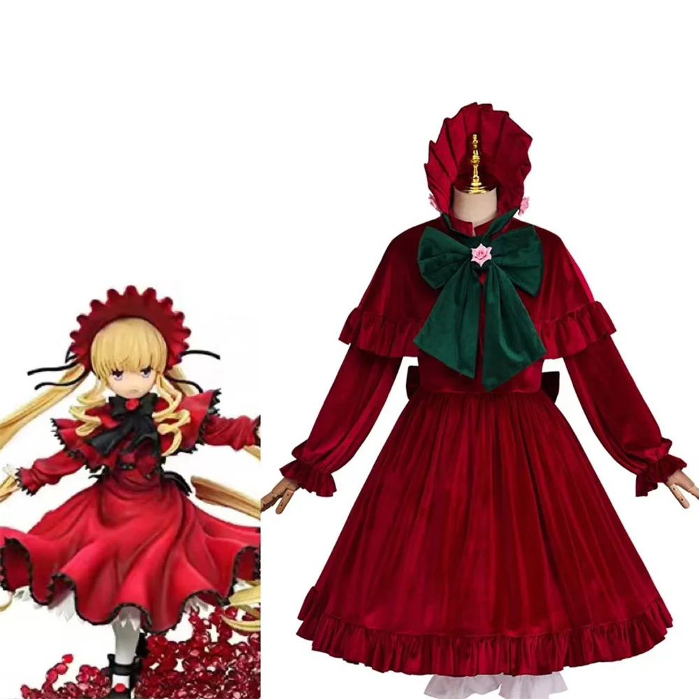 Fantasia de cosplay rubi anime para mulheres, vestido Lolita vermelho Shinku para meninas, roupa de Carnaval Halloween