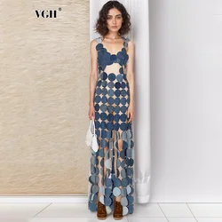 VGH Solid Hollow Out Sexy Dresses For Women Square Collar Sleeveless Backless High Waist Slimming Chic Dress Female