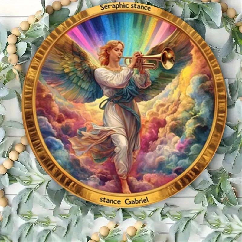 2D Flat Printed Metal Sign Featuring Retro Artwork of Archangel Gabriel, This Sign Showcases Vibrant Rainbow