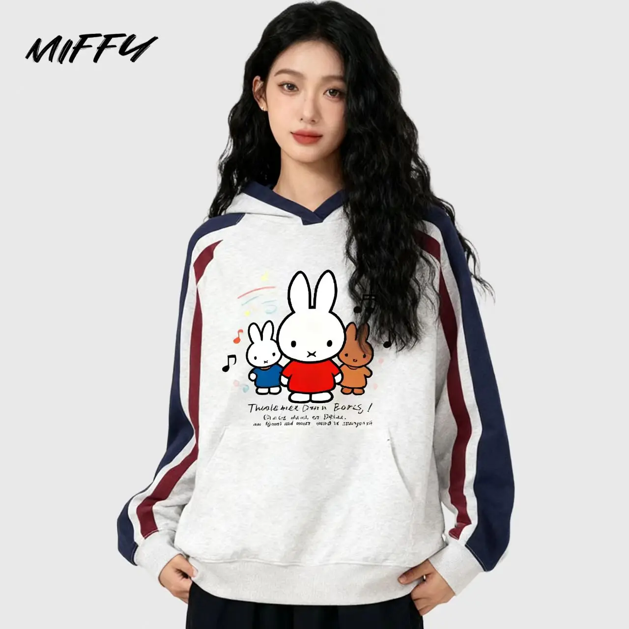 

Новая спортивная толстовка с капюшоном Miffy с мультяшным принтом и рукавами реглан, повседневная и свободная осенняя одежда, универсальная куртка для пар
