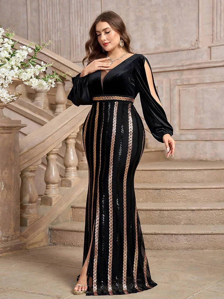 TOLEEN 2024 Luxury Elegant Women Party Maxi Dress Plus Size Formal Evening Gown (Embellished Design) With Random Floral Pattern