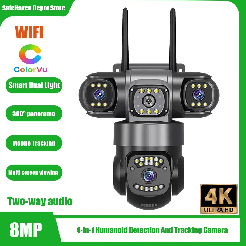

Wi-Fi 4K 8MP 360° ° Панорамная интеллектуальная камера с двойной подсветкой, полноцветная, 4-в-1, с функцией отслеживания и распознавания людей, двусторонняя голосовая связь