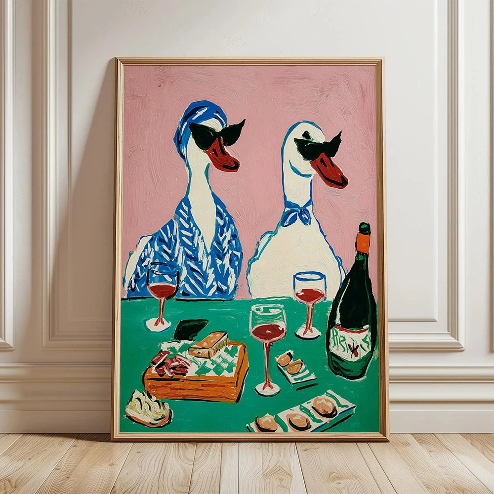 

Duck Wine Party Art Print Quirky Animal Poster Retro Wall Art with Ducks and Wine Pictures Fun Dining Room or Kitchen Decor