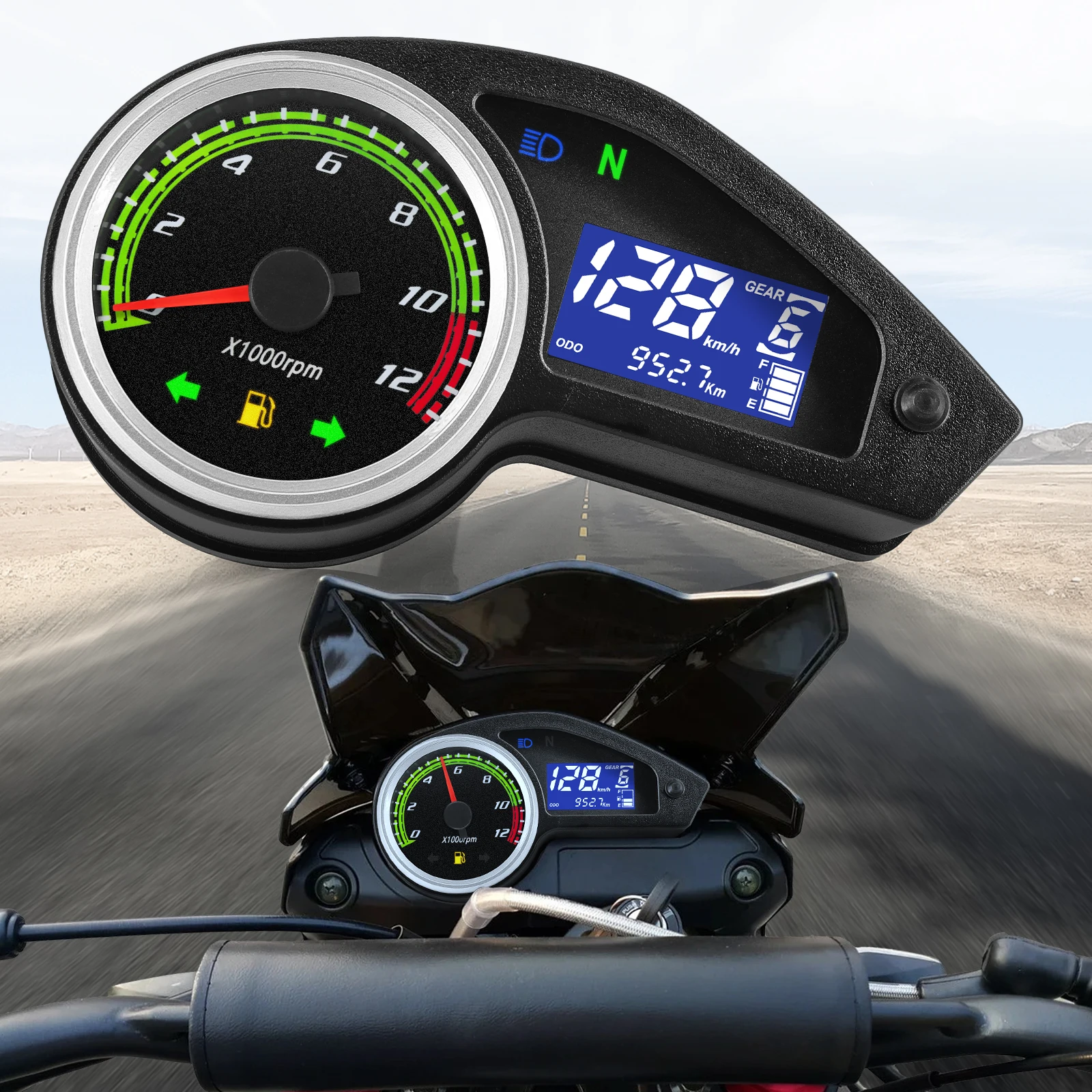 

Motorcycle Instrument 12000 RPM Tachometer LCD Digital Motorbike Dashboard Odometer Motor Fuel Level Meter with Turn Light Gear