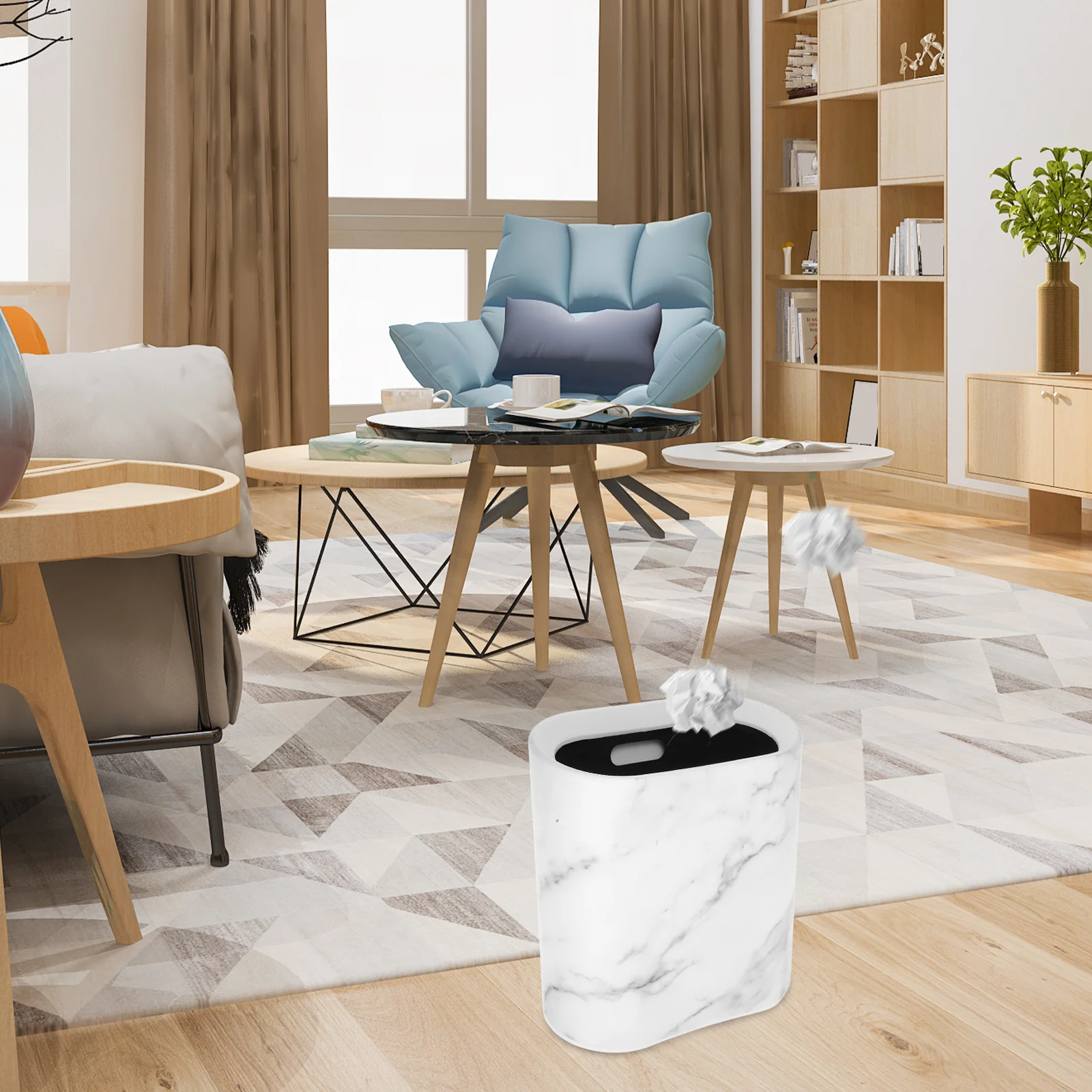 

1pc Marble Design Trash Bin Bathroom Garbage Bin Hotel Office Narrow Floor Home Easy Clean Space Saving Decorative