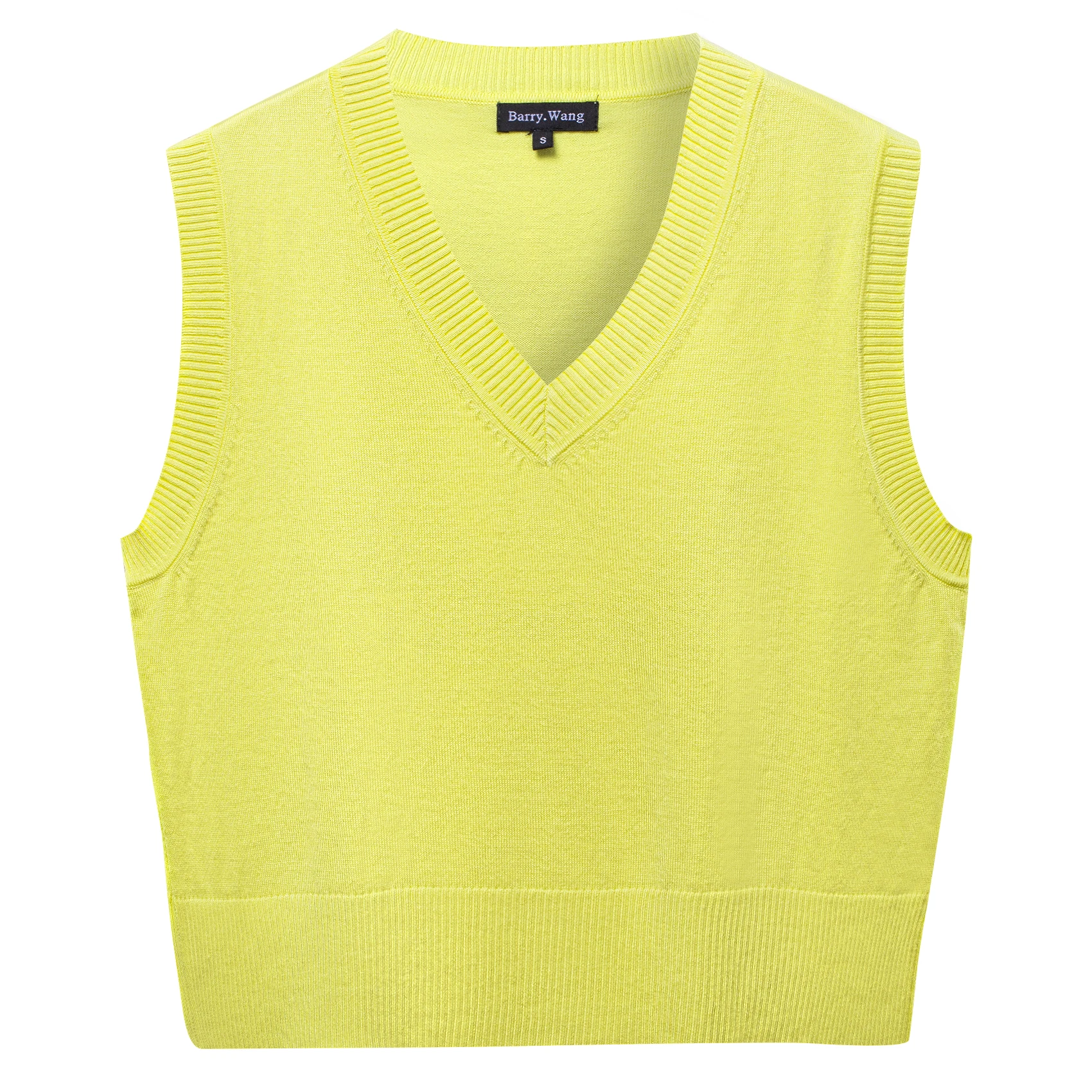 Women Knitted Sweater Tank Pullover Crochet Vest Bright Yellow Wool Acrylic Waistcoat Causal V-neck Sleeveless Femal Spring Top