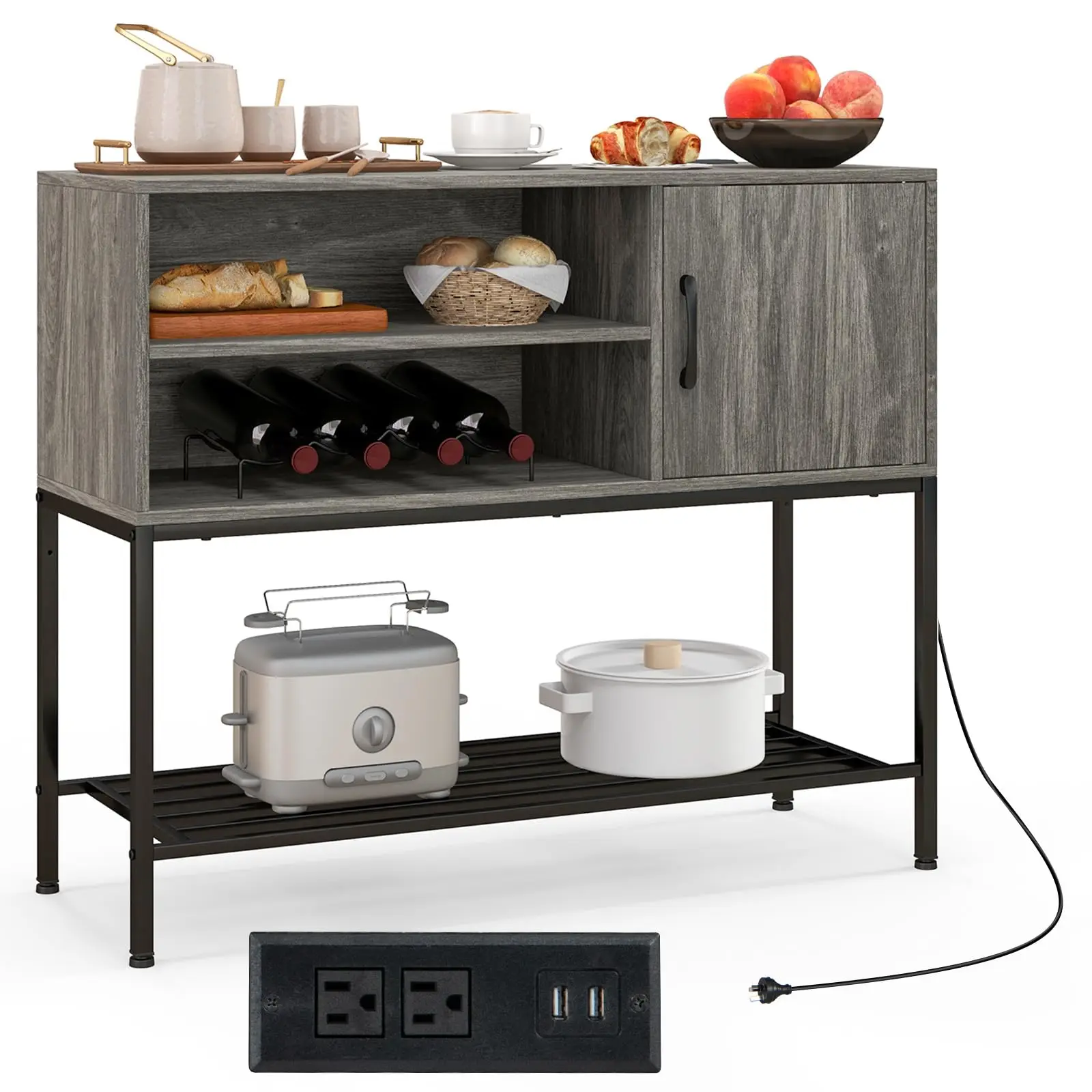 

Rustic Gray Wood Buffet Cabinet With Built-In Power Outlets, USB Ports, 4-Bottle Wine Rack, Open Shelves And Storage Door