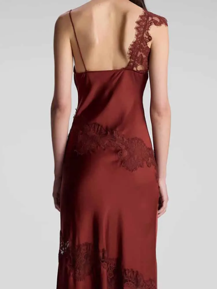 2025 Wine Red Lace Slim Party Dress Sexy Sleeveless Suspender Summer Long Dress Casual Backless Hollow Out Satin Women's Dress