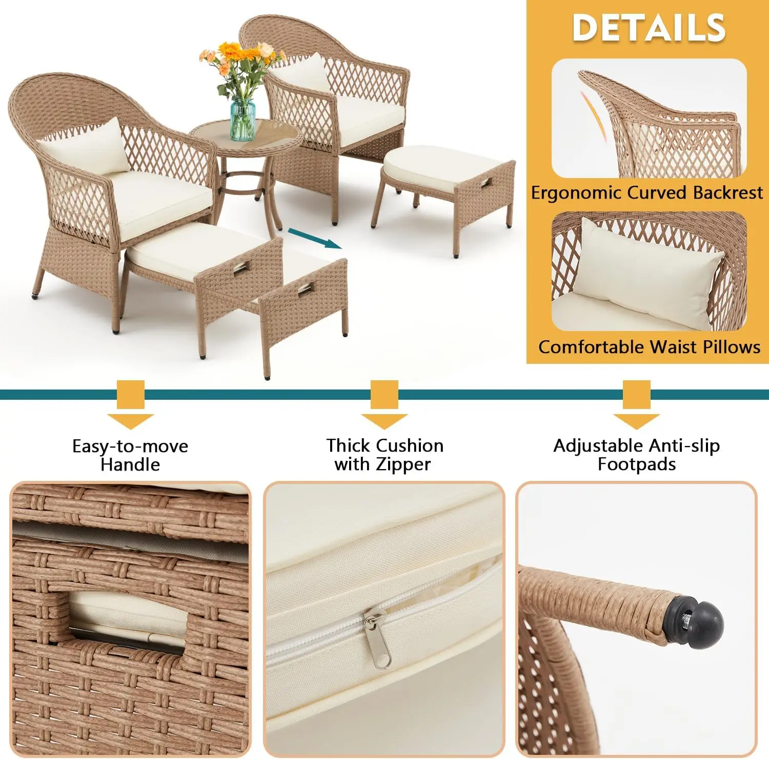 5Pcc Patio Set, Outdoor Rattan Chairs with Round Glass Coffee Table, Ottomans & Soft Cushions, Wicker Conversation Bistro Set