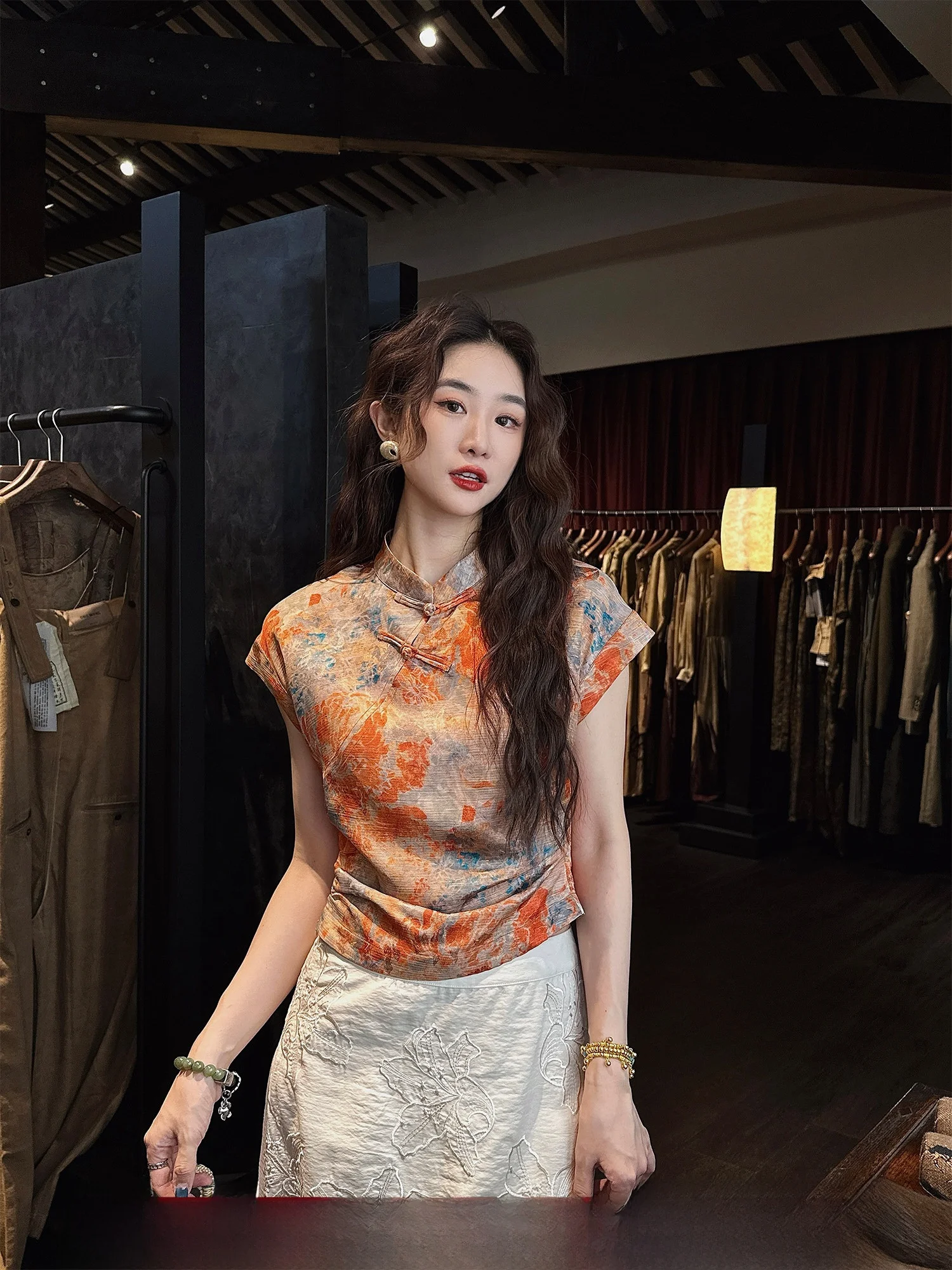 

Новая женская блузка Sanji Bla Flower в китайском стиле, элегантная, с коротким рукавом, из конопляной ткани, с принтом «Капли дождя», весенняя, для повседневной носки, в стиле «Флаг-роба»