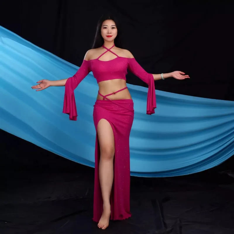 

Индивидуальный костюм для танца живота, комплект для восточного танца, тренировочное платье с рукавами-трубой, сексуальное длинное платье для открытого танца, комплект на бретелях