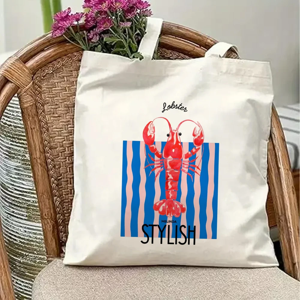 

Stylish Lobster Canvas Tote Bag Vintage Retro Red Crayfish Seafood Print Aesthetic Stripe Shoulder Purse Reusable Beach Bag