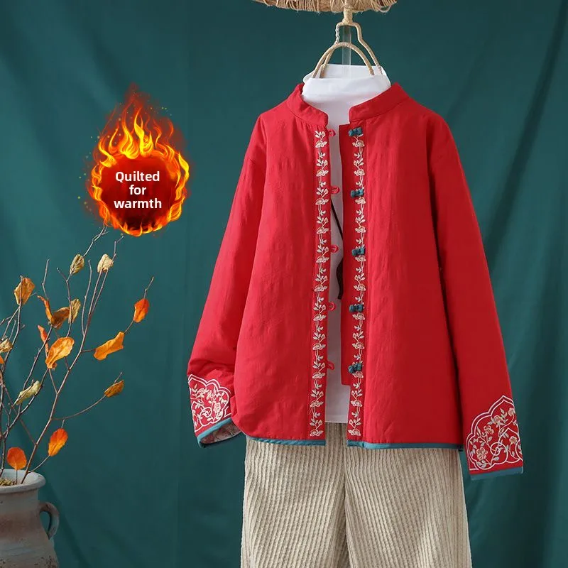 Ele Embroidered Cotton Jaet Quilted Inner Lightweight Winter Faion Large Size Women's Clothing Buttoned Chinese Sle