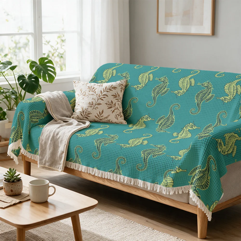 Luxurious Seahorse Throw Blanket for Sofa Couch Teal Ocean Nautical Coastal Decor Beach Print Throw Cover